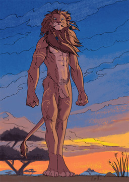 abs anthro balls barefoot biped blue_eyes brown_hair brown_nose cloud feet flaccid fur genitals hair long_hair looking_at_viewer male navel nipples nude outside paws penis plant pubes sky solo sunset tan_body tan_fur tree tribal yellow_sclera negy pantaleon felid lion mammal pantherine hi_res signature