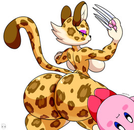 anthro back_groove big_butt breasts bubble_butt butt chest_tuft claws countershading curvy_figure duo eyeshadow female front_view fur looking_at_viewer makeup male nude rear_view simple_background smile spots thick_thighs tuft wide_hips kirbot12 kirby_(series) kirby_and_the_forgotten_land nintendo clawroline kirby felid leopard mammal pantherine 2022 digital_media_(artwork) hi_res