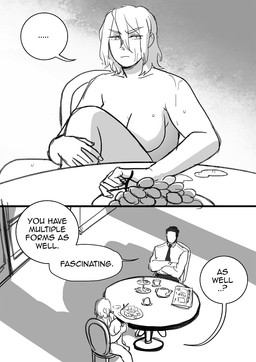 bottomwear casual_nudity chair clothed clothing dialogue duo ellipsis female food fruit fully_clothed furniture grape hair human_only male not_furry nude on_chair plant sitting sitting_on_chair table text wet wet_body starfleetrambo siren_and_scientist anders_(starfleetrambo) oskar_(starfleetrambo) human mammal comic digital_media_(artwork) english_text hi_res monochrome sketch trans_(lore) trans_man_(lore)