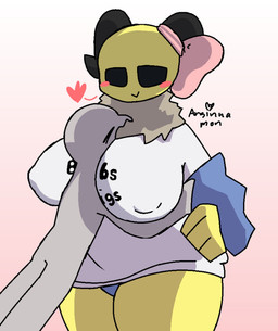 ambiguous_gender anthro big_breasts blush bow_accessory breasts clothed clothing duo female fur fur_tuft heart_symbol horn hug huge_breasts hyper hyper_breasts jacket nipples sweater topwear tuft arsinnamon annabee_(woebeeme) arthropod bee honey_bee humanoid hymenopteran insect absurd_res hi_res