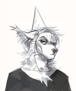 anthro black_clothing black_topwear cheek_tuft clothed clothing facial_tuft front_view glistening glistening_eyes grumpy hair hat headgear headwear male mouth_closed neck_tuft party_hat red_eyes simple_background solo text topwear tuft white_background white_body white_hair unknowhiter canid mammal 2018 artist_name bust_portrait dated hi_res portrait sketch
