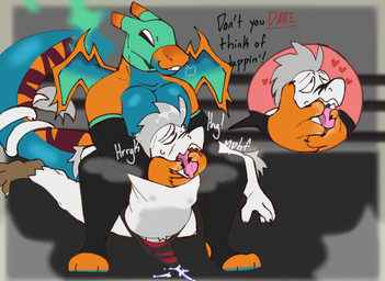 anthro anthro_on_anthro bodily_fluids breath camel_clutch clothing cum cum_in_clothing cum_in_underwear cum_through_clothing cum_through_underwear curling_tail dialogue duo ejaculation entwined_tails erection erection_under_clothing fighting_ring fire flaming_tail genital_fluids half-closed_eyes hands-free hands_in_mouth heart_symbol looking_pleasured male male/male mask moan narrowed_eyes sports_mask sportswear submission_hold sweat sweatdrop tail tail_coil tails_tied_together tenting text tongue underwear wet wet_clothing wet_underwear wrestler wrestling wrestling_briefs wrestling_mask wrestling_match wrestling_outfit knightferret nintendo pokemon devin_(derpybro) zaun_(knightferret) charizard dinosaur dromaeosaurid generation_1_pokemon pokemon_(species) prehistoric_species reptile saurischian scalie theropod 2025 colored digital_media_(artwork) english_text hi_res