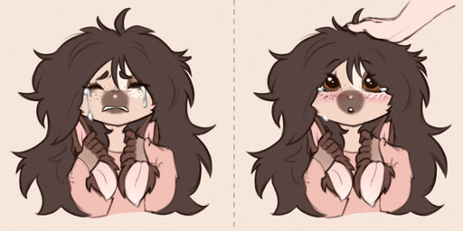 ahoge anthro blush bodily_fluids brown_background brown_body brown_eyes brown_fur brown_hair clothed clothing crying dipstick_snout duo female female_anthro fingerless_(marking) fingerless_gloves_(marking) floppy_ears fluffy fluffy_hair front_view fur gloves_(marking) hair holding_both_ears hoodie long_hair looking_at_viewer lop_ears markings mostly_offscreen_male open_mouth petting pose short_snout simple_background tears topwear elronya fan_character ronya lagomorph leporid mammal rabbit brown_theme bust_portrait digital_drawing_(artwork) digital_media_(artwork) flat_colors hi_res portrait