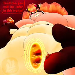 abs amber_(gem) amber_(material) antennae_(anatomy) anthro big_muscles crystal extreme_size_difference fluffy fluffy_hair fur fusion group hair highlights_(coloring) huge_muscles hyper hyper_muscles larger_male larger_pet low-angle_view macro male male/male man_handling micro micro_on_paw multi_ear multi_eye muscular muscular_male nipples overweight overweight_anthro overweight_male pink_nose portal simple_background size_difference smile text trio wings fujiyama_samoyed bumble_beans_(fujiyamasamoyed) jambal_(fujiyamasamoyed) yanbara_(fujiyamasamoyed) alaskan_malamute arthropod bee bumble_bee_(species) canid canine canis domestic_dog hybrid hymenopteran insect mammal nordic_sled_dog raccoon_dog spitz tanuki 1:1 digital_media_(artwork) english_text hi_res shaded soft_shading watermark
