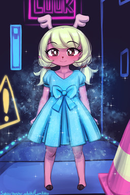 2_horns anthro antlers biped blonde_hair blue_clothing blue_dress bow_accessory closed_smile clothed clothing cloven_hooves dress eyebrows female freckled_face freckles front_view hair hooves horn looking_at_viewer mouth_closed pigtails red_body smile snowflake solo sparkles standing unguligrade young young_anthro young_female lumineko deltarune undertale_(series) noelle_holiday deer mammal new_world_deer reindeer 2025 2:3
