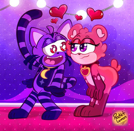 anthro duo female heart_symbol love male pink_body purple_body purple_eyes red_eyes smile tail rocketlennon mob_entertainment poppy_playtime smiling_critters bobby_bearhug catnap_(poppy_playtime) bear domestic_cat felid feline felis mammal hi_res