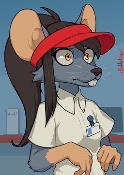 amber_eyes anthro big_ears brown_hair clothing collared_shirt eyelashes female female_anthro fur grey_body grey_fur hair inside name_tag ponytail shirt solo standing teeth topwear visor whiskers white_clothing white_shirt white_topwear work_uniform gabbslines ratricia_(el-k) mammal murid murine rat rodent 2026 digital_media_(artwork) hi_res portrait signature three-quarter_portrait