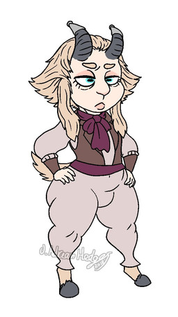 ambiguous_gender anthro bangs blue_eyes clothed clothing fantasy hair hands_on_hips hooves horn horn_jewelry jacket jewelry long_bangs necktie simple_background solo standing tan_hair thick_thighs topwear wide_hips wittless-pilgrim bovid caprine gnome goat humanoid hybrid mammal 2018 colored digital_drawing_(artwork) digital_media_(artwork) flat_colors signature watermark