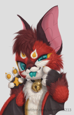 ambiguous_gender anthro bell bell_collar black_body black_fur brown_body brown_fur claws collar fangs forked_tongue fur grey_background looking_at_viewer membrane_(anatomy) membranous_wings pawpads red_body red_fur simple_background solo star_pupils teal_eyes teeth text tongue tongue_out whiskers white_body white_fur wings silverfox5213 comet_(silverfox5213) bat mammal 2025 url male_(lore)