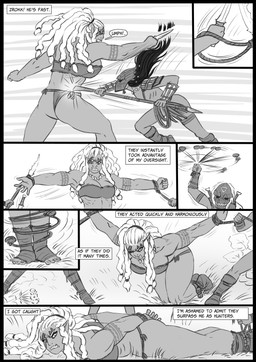 big_breasts bound breasts butt cleavage clothed clothing dialogue female holding_knife holding_object knife larger_female mask melee_weapon not_furry polearm rope size_difference spear text weapon flick-the-thief humanoid orc comic english_text hi_res monochrome