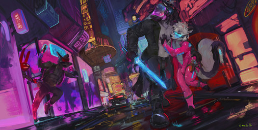 anthro armor bared_teeth black_body black_bottomwear black_clothing black_fur black_hair black_pants black_topwear bodysuit bottle bottomwear bulge car clothed clothing container cyberpunk dreadlocks dutch_angle femboy fur group gun hair hand_on_butt handgun headgear helmet holding_bottle holding_container holding_melee_weapon holding_object holding_sword holding_weapon holster holstered_pistol hooves laser_sword male male_anthro melee_weapon neon neon_lights neon_sign night open_bodysuit open_clothing open_mouth open_topwear outside pants pink_bodysuit pink_clothing pink_skinsuit pistol raining ranged_weapon reflection sign skinsuit sword tight_clothing topwear urban vehicle visor weapon white_body white_fur white_hair oselotti 31_minutos dixy_(dixyskunk) juan_carlos_bodoque tre_(dixyskunk) equid equine lagomorph leporid mammal mephitid rabbit skunk zebra absurd_res hi_res