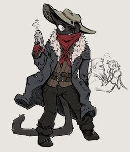 5_fingers anthro bangs belt_buckle bent_arm biped black_body black_boots black_bottomwear black_clothing black_ears black_footwear black_fur black_tail boots bottomwear brown_clothing brown_topwear buckle clothed clothed_anthro clothed_male clothing cosplay crazy_eyes duo eyebrows facial_scar feral feralized fingers footwear front_view fully_clothed fully_clothed_anthro fully_clothed_male fur fur_jacket gloves grey_clothing grey_cowboy_hat grey_jacket grey_topwear grin grinning_at_viewer gun handgun handwear holding_another holding_gun holding_handgun holding_object holding_ranged_weapon holding_revolver holding_weapon jacket kerchief long_tail looking_at_another looking_at_viewer male male_anthro male_feral male_human one_eye_closed pose ranged_weapon red_clothing red_eyes red_gloves red_handwear red_kerchief revolver scar shoes side_view simple_background smile smiling_at_viewer smoking_gun speechless tail topwear weapon chira1ity darkest_dungeon mewgenics highwayman_(darkest_dungeon) zodiac_(mewgenics) domestic_cat felid feline felis human mammal 2026 colored crossover detailed digital_drawing_(artwork) digital_media_(artwork) full-length_portrait hi_res monochrome portrait shaded