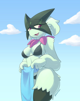 3_fingers anthro anthrofied bikini breasts clothed clothing cloud eyelashes female fingers fur green_body green_fur low-angle_view medium_breasts open_mouth outside pokemorph sky smile solo swimwear towel tuft two-piece_swimsuit buttercolors nintendo pokemon felid feline generation_9_pokemon mammal meowscarada pokemon_(species) 2025 absurd_res digital_media_(artwork) hi_res portrait three-quarter_portrait