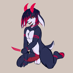 2_horns anthro balls biped black_body black_fur black_hair cloven_hooves countershade_face countershade_fur countershade_tail countershade_torso countershading ear_piercing ear_ring erection front_view fur genitals glans hair hair_over_eye highlights_(coloring) holding_knife holding_object hooves horn humanoid_genitalia humanoid_penis kneeling knife looking_at_viewer male mouth_closed nude penis piercing red_eyes red_highlights ring ring_piercing short_hair short_tail simple_background solo tail unguligrade white_body white_countershading white_fur crackers_(artist) bovid caprine goat mammal 1:1 2026 hi_res