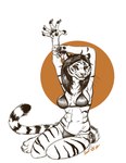 anthro arms_above_head big_breasts bikini bikini_bottom bikini_top black_hair breasts clothing fangs female fingers_spread hair kneeling looking_aside navel pawpads simple_background solo stretching swimwear teeth two-piece_swimsuit caribou_(artist) felid mammal pantherine tiger