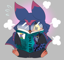 anthro black_body black_fur blush book bottomless bottomless_anthro clothed clothing cowl female fur genitals pupils reading sitting solo unusual_pupils vulva wings yellow_eyes roguemorpho bandai_namco digimon pipstrello chiropmon digimon_(species) gulusgammamon morphomon hi_res