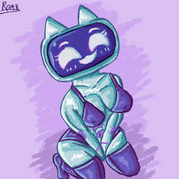 anthro blush blush_lines breasts clothing female for_a_head hands_on_crotch logo logo_on_body looking_at_viewer machine nipple_outline open_mouth purple_background purple_clothing screen screen_face simple_background sitting smile smiling_at_viewer solo white_body white_eyes white_mouth unknown_artist sferum chatty_(max) robot 1:1