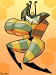 anthro big_breasts black_body breasts female fingers gradient_background green_body green_eyes hexagon_background multicolored_body one_eye_closed open_mouth simple_background solo striped_body stripes teeth yellow_body angstrom my_life_as_a_teenage_robot nickelodeon vexus arthropod insect 2020 artist_name digital_media_(artwork) hi_res