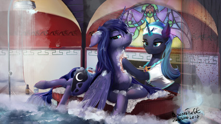 accessory bathing blue_body blue_eyes blue_fur blue_hair cutie_mark detailed_background duo female female_feral feral fur hair headband hooves horn inside long_hair magic smile spa sponge water wet_hair wings discordthege friendship_is_magic hasbro my_little_pony mythology princess_luna_(mlp) equid equine mammal mythological_creature mythological_equine winged_unicorn 16:9 2017 colored digital_media_(artwork) digital_painting_(artwork) hi_res painting_(artwork) widescreen