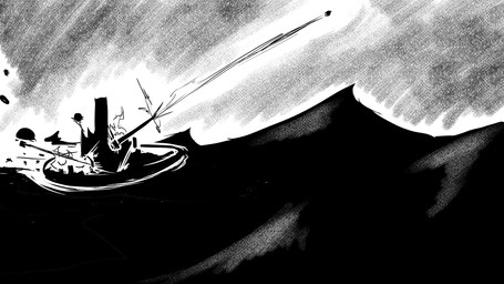 aircraft airship ballista battle bullet bullet_hole city destroyed_building destruction explosion fire landscape mountain smoke text vehicle zero_pictured dragonweirdo 16:9 english_text hi_res monochrome widescreen