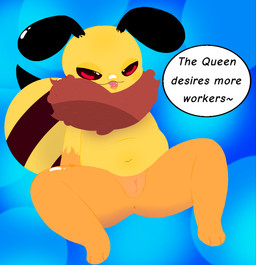 antennae_(anatomy) anthro arthropod_abdomen bedroom_eyes female food fur genitals honey_(food) looking_back multicolored_body narrowed_eyes navel neck_tuft plump_labia red_body red_fur seductive sitting slightly_chubby solo spread_legs spreading stinger tongue tongue_out tuft vulva yellow_body abyss_arts arthropod bee hymenopteran insect