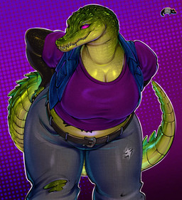 anthro arm_warmers armwear belly belt big_belly big_breasts bottomwear breasts clothed clothed_female clothing denim denim_bottomwear denim_clothing female fully_clothed fully_clothed_female green_body green_scales jeans looking_at_viewer non-mammal_breasts overweight overweight_anthro overweight_female pants pupils purple_eyes scales sharp_teeth shirt slit_pupils solo t-shirt tail teeth thick_tail thick_thighs topwear vest josephsuchus crocodile crocodilian reptile scalie hi_res