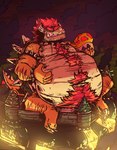 anthro belly big_belly fungus hair horn macro male mega_mushroom mushroom overweight overweight_male red_hair sharp_teeth solo teeth sokkacherimoya mario_bros nintendo bowser koopa scalie hi_res