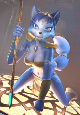 accessory anthro bandeau blue_body blue_eyes blue_fur blue_hair bottomwear breasts choker circlet clothing dipstick_tail eyebrows eyelashes feet female footwear fur hair hair_accessory hairband jewelry kneeling loincloth markings navel necklace sandals shoes shoulder_guards solo staff tail tail_markings topwear white_body white_fur kaylafox kaylafox_(modeler) nintendo star_fox krystal_(star_fox) canid canine fox mammal 2026 3d_(artwork) absurd_res digital_media_(artwork) hi_res