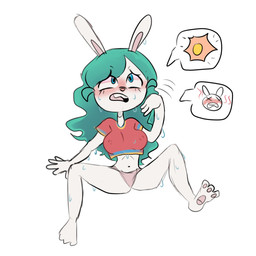 3_toes anthro blush bodily_fluids breasts clothed clothing feet female fur green_hair hair medium_breasts navel nipple_outline nipples open_mouth panties pawpads simple_background solo speechless sun sweat toes underwear rekidda bunni_(rekidda) lagomorph leporid mammal rabbit 1:1 2020 hi_res
