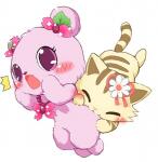 bite blush cherry_blossom duo eyelashes eyes_closed female feral flower food fur gem jewelry leaf necklace open_mouth plant prunus_(flower) purple_eyes ribbons simple_background striped_body striped_fur stripes surprise tan_body tan_fur white_background オダワラゴブリン jewelpet sanrio sega sega_fave sweetspet mochi_(jewelpet) sakuran sango_(jewelpet) bear domestic_cat felid feline felis mammal tabby_cat