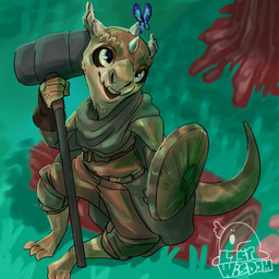 ambiguous_gender anthro armor clothed clothing digitigrade forest forest_background fully_clothed hammer horn log looking_at_another male nature nature_background outside plant shield sitting solo tail tools tree weapon wood lostwisdom arthropod butterfly insect kobold lepidopteran scalie 1:1 hi_res