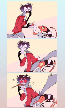 4_eyes 4_fingers accident anthro back_spines beak beverage black_beak blue_background blush bodily_fluids bottomless bottomless_anthro bottomless_male butt butt_grab canon_couple chest_tuft clothed clothing coffee coffee_mug container cup drinking duo eyebrows eyes_closed facesitting facial_markings feather_hair feather_tuft feathers fingers forehead_markings glowing_pupils gradient_background grey_body grey_feathers half-closed_eyes hand_on_butt head_markings holding_container holding_cup holding_mug holding_object horn humanoid_on_anthro loose_feather male male/male markings morning mug multi_eye multicolored_body narrowed_eyes open_mouth oral oral_only partially_clothed pseudo_hair red_body red_eyes red_sclera shirt simple_background sitting_on_another size_difference smile spade_tail spines spitting steam striped_horn stripes surprised sweat sweatdrop tail tail_feathers tail_motion tailwag text tired tongue topwear tuft wide_eyed yawn yellow_sclera meribe hellaverse helluva_boss blitzo_(helluva_boss) stolas_(helluva_boss) avian bird demon demon_humanoid horned_humanoid humanoid imp owl owl_demon 3:5 comic english_text hi_res