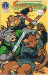 anthro battle blood bodily_fluids clothing male melee_weapon open_mouth price_sticker sword tail text topwear vest weapon daphne_lage furrlough radio_comix tall_tails mammal murid murine mustelid rat rodent 1999 comic cover