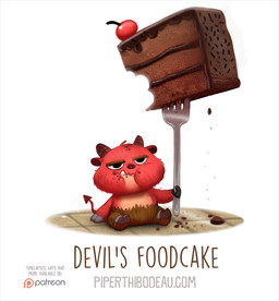 ambiguous_gender black_eyes cake cherry cutlery dessert eating food fork fruit fur horn humor kitchen_utensils plant pun red_body red_fur simple_background solo spade_tail tail tools white_background piper_thibodeau demon 2017 digital_media_(artwork) digital_painting_(artwork) painting_(artwork)