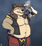 anthro belly black_nose bottomwear brown_body brown_fur clothing fur male overweight overweight_male pants pipe prosthetic prosthetic_arm prosthetic_limb scar slightly_chubby smoke smoking_pipe solo technology topwear vest yellow_sclera ninjat16 adastra_(series) echo_project khemia brunis_(khemia) gulonine mammal mustelid musteline wolverine absurd_res hi_res