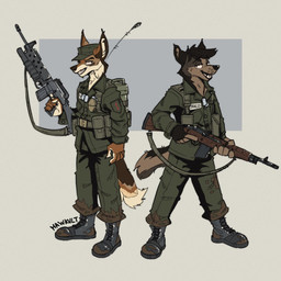 anthro assault_rifle backpack black_hair boots clothing combat_boots duo ears_up explosives eye_contact footwear grenade grenade_launcher gun hair hat headgear headwear holding_gun holding_object holding_ranged_weapon holding_rifle holding_weapon looking_at_another looking_back m14 m16 male male/male military military_cap military_clothing military_hat military_jacket military_pants military_uniform open_mouth ranged_weapon rifle shoes simple_background soldier tail teeth teeth_showing uniform vietnam_war warrior weapon mawkvlt canid canine canis coyote mammal 1:1 colored hi_res