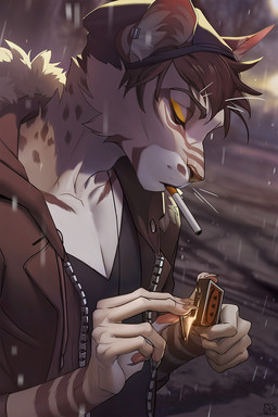 anthro cigarette clothed clothing eyes_closed jacket male matchstick mouth_hold smoking solo topwear wildering felid feline mammal 2020 digital_media_(artwork) hi_res shaded soft_shading