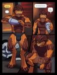 2016 4_balls alien animal_genitalia awkward_expression balls bioware black_border blue_sclera border bulge claws clothing comic dialogue digital_media_(artwork) electronic_arts english_text feet genital_slit genital_slit_balls genitals grunt_(mass_effect) hi_res krogan male mammal mass_effect meesh multi_balls multi_genitalia solo speech_bubble text toe_claws toes undressing