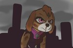 bleak_ambiance blood bodily_fluids city clothed clothing cloud cloudy_sky female fur pink_eyes sky solo tan_body tan_fur white_body white_fur wounded karkrx23 paw_patrol skye_(paw_patrol) canid canine canis cockapoo domestic_dog mammal mixed_breed