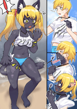 5_fingers anthro barefoot bikini bikini_bottom black_body black_fur blonde_hair blush breast_growth breasts clenched_teeth clothing cloud cute_fangs exclamation_point fangs feet female fingers fur gender_transformation growth hair human_to_anthro jewelry kemono male mtf_transformation navel open_mouth pendant pigtails shirt solo species_transformation standing surprised swimwear tail teeth topwear transformation two-piece_swimsuit white_clothing white_shirt white_topwear yellow_eyes toribako domestic_cat felid feline felis human mammal 2025 comic digital_media_(artwork) hi_res