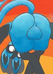 anthro backsack balls bent_over big_butt blue_body blue_fur butt butt_focus canid canine digital_media_(artwork) fur generation_4_pokemon genitals hi_res looking_at_viewer looking_back looking_back_at_viewer lucario male mammal nintendo nude pokemon pokemon_(species) rear_view simple_background solo swoomy