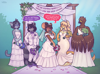 anthro apode beak blonde_hair blue_eyewear blue_glasses bodily_fluids bottomwear bow_tie breasts brown_body brown_feathers brown_fur brown_hair clothing day dialogue dress eyes_closed eyewear feathers female flower footwear fur glasses grass group hair hair_bun hand_in_pocket holding_flower holding_object legless open_mouth outside pants plant pockets serpentine shoes smile standing suit sweat sweatdrop tail text wedding_dress whiskers keffotin mice_tea felicia_banks gavin_van_der_valk julie_lin margaret_de_campos sylvia_drake avian bird domestic_cat draconcopode felid feline felis mammal mouse murid murine naga procyonid raccoon rodent 2022 digital_media_(artwork) english_text hi_res trans_(lore) trans_woman_(lore)