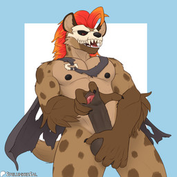 acroposthion anthro ball_grab balls biceps big_balls big_penis black_claws black_nipples black_nose bone bone_mask brown_balls brown_body brown_fur brown_penis cape cape_only claws clothing dipstick_limbs erection finger_in_foreskin foreskin foreskin_fingering foreskin_play foreskin_pull foreskin_stretching fur genital_focus genitals geometric_background gloves_(marking) hair holding_balls humanoid_genitalia humanoid_penis inner_ear_fluff long_foreskin long_penis looking_down loose_foreskin male markings mask mostly_nude muscular muscular_male nipples nude open_mouth orange_hair pecs penis penis_focus pose presenting presenting_penis red_sclera simple_background skull skull_mask solo spots spotted_body spotted_fur standing teeth torn_cape torn_clothing tuft vein veiny_foreskin veiny_penis spelunker_sal foreskin_day rivals_of_aether forsburn hyena mammal 2026 hi_res