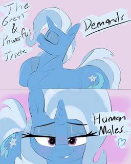 bedroom_eyes blue_body blue_fur eyelashes female female_feral feral fur glistening_eyelids grin hair heart_symbol horn human_fetish looking_at_viewer narrowed_eyes pink_background pink_hair purple_eyes seductive simple_background smile solo standing tail text white_hair maranium friendship_is_magic hasbro my_little_pony mythology trixie_(mlp) equid equine horse mammal mythological_creature mythological_equine pony unicorn 4:5 absurd_res comic english_text hi_res
