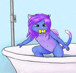 anthro bath bathing bathtub blue_body blue_fur bodily_fluids female flat_chested fur genital_fluids genitals green_eyes hair inside mischievous naughty_face navel nipples nude pacifier peeing purple_hair solo spread_legs spreading standing urine urine_stream vulva wings young young_anthro tapstnt domestic_cat felid feline felis maine_coon mammal