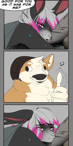 4_panel_comic after_sex beanie bed clothed clothing comic_panel fur furniture hair hat headgear headwear humor orange_body orange_fur pillow pillow_talk pink_hair shirt speech_bubble t-shirt topwear white_hair yellow_body yellow_fur corginamedbruno canid canine canis domestic_dog herding_dog lagomorph leporid mammal pastoral_dog rabbit welsh_corgi absurd_res comic hi_res