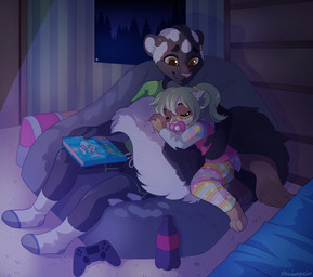 5_fingers accessory age_difference anthro athletic_wear barefoot bean_bag bed bedroom big_tail black_body black_fur book bottomwear brown_eyes clothed clothing controller cuddling detailed_background dim_lighting door duo eyes_closed feet female fingers fluffy fluffy_tail footwear fully_clothed fur furniture game_controller glowing green_hair gym_bottomwear gym_shorts hair hair_accessory hair_tie legwear male markings multicolored_body multicolored_fur neonate night object_in_mouth pacifier pacifier_in_mouth pajamas pants plant plantigrade ponytail poster shadow shirt shorts sitting sky sleeping smile socks tail tan_body tan_fur toddler topwear tree two_tone_body two_tone_fur white_body white_fur young young_anthro minettefraise hasbro my_little_pony dook_(lildooks) lemmy_(lemmy_niscuit) domestic_ferret mammal mephitid mustelid musteline skunk spotted_skunk true_musteline weasel