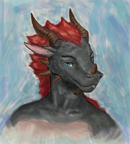 anthro blue_eyes ears_up eyebrows hair horn long_ears looking_at_viewer male red_hair scales simple_background smile smiling_at_viewer solo reynard_goodfellow scalie headshot_portrait portrait