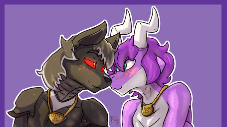 4_arms anthro duo eye_contact hair horn looking_at_another machine medallion multi_arm multi_limb purple_background purple_body purple_hair red_sclera simple_background smile destruteka mythology canid canine canis dragon mammal mythological_creature mythological_scalie robot scalie wolf 16:9 hi_res widescreen