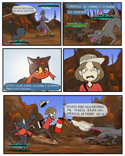 ambiguous_gender black_body black_fur blue_sclera bodily_fluids border bottomwear brown_hair clothed clothing day female female_symbol fire_extinguisher footwear fur gameplay_mechanics gender_symbol gui hair hat headgear headwear health_bar humor lava male_symbol outside pants pokemon_battle pupils red_body red_eyes red_fur shirt shoes slit_pupils symbol tears text topwear volcano white_border yellow_sclera itzitxou nintendo pokemon felid generation_7_pokemon human litten mammal pokemon_(species) reptile salandit salazzle scalie 2016 absurd_res comic english_text hi_res spanish_text translated url